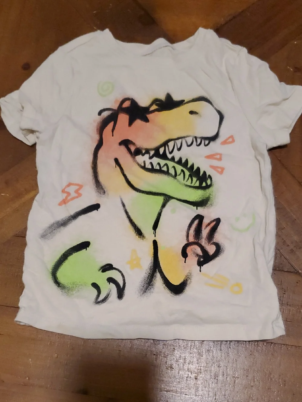 Old Navy White Tee with Neon Dinosaur Spray Graphic